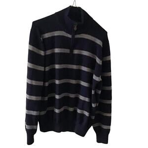 346 Brooks Brothers Navy Striped Extra Fine Italian Merino Wool 1/4 Zip Sweater